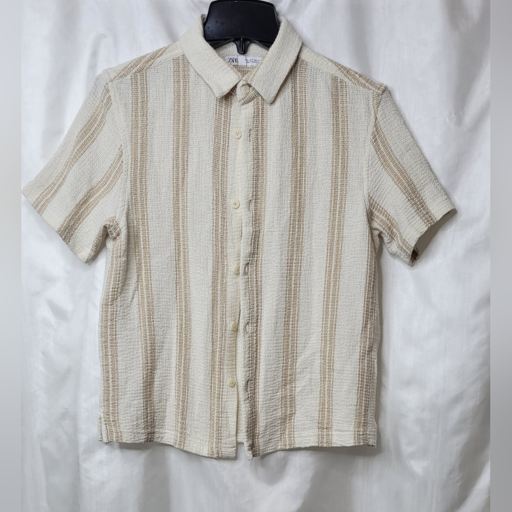 Zara short sleeve shirt, off white with beige stripes